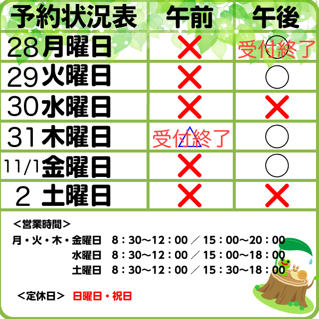 10/28-11/2予約状況